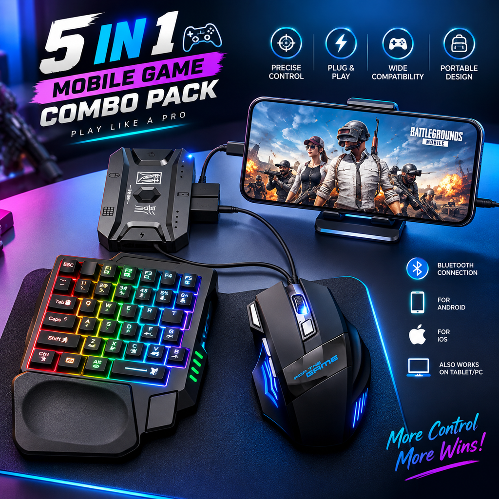 5-in-1 Mobile Gaming Combo Pack – Phone Stand, Keyboard & Mouse Converter Kit for Enhanced Precision, Ergonomic Comfort & Console-Like Mobile Gaming