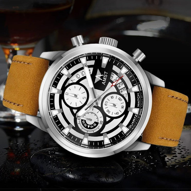 AMST 3068 Stylish Men's Luxury Chronograph Watch – White & Blue Dial, Silver Stainless Steel Case, Premium Tan Leather Strap, Date Display & Quartz Movement Sport Wristwatch