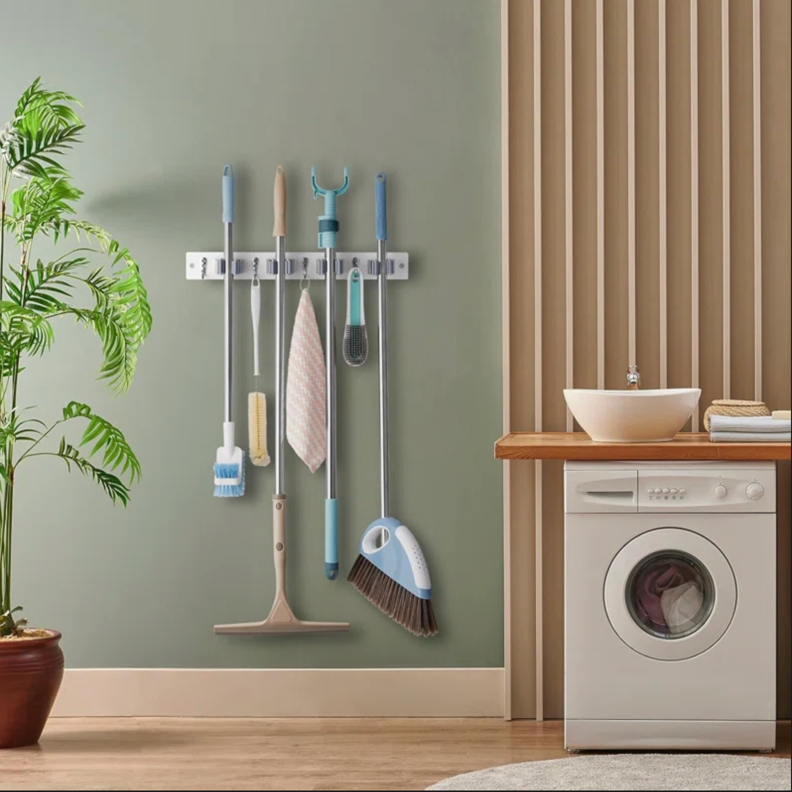 Wall-Mounted Mop and Broom Holder - 4 Slots and 4 Utility Hooks