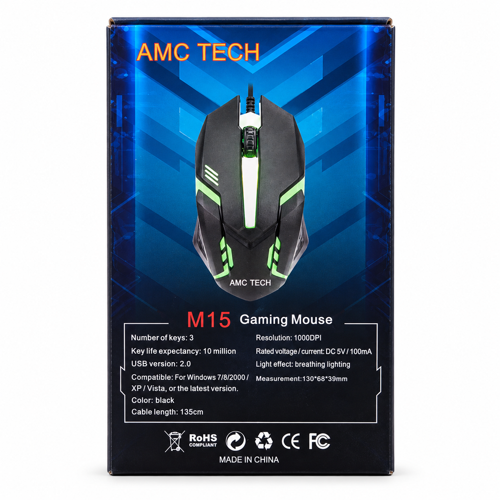 AMC TECH M15 Wired Gaming Mouse – Adjustable 800-2400 DPI, Multi-Color RGB Lighting, Ergonomic Grip, 10 Million Clicks Durability & Plug-and-Play Compatibility