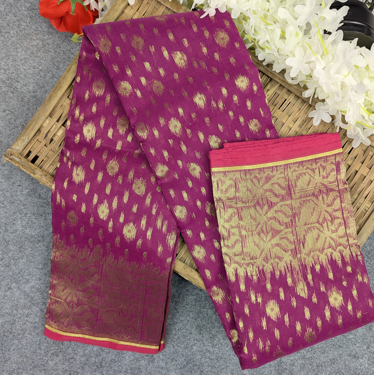 Half Silk Jamdani Saree (Off-White, Red, Purple, Lemon, Light Purple)