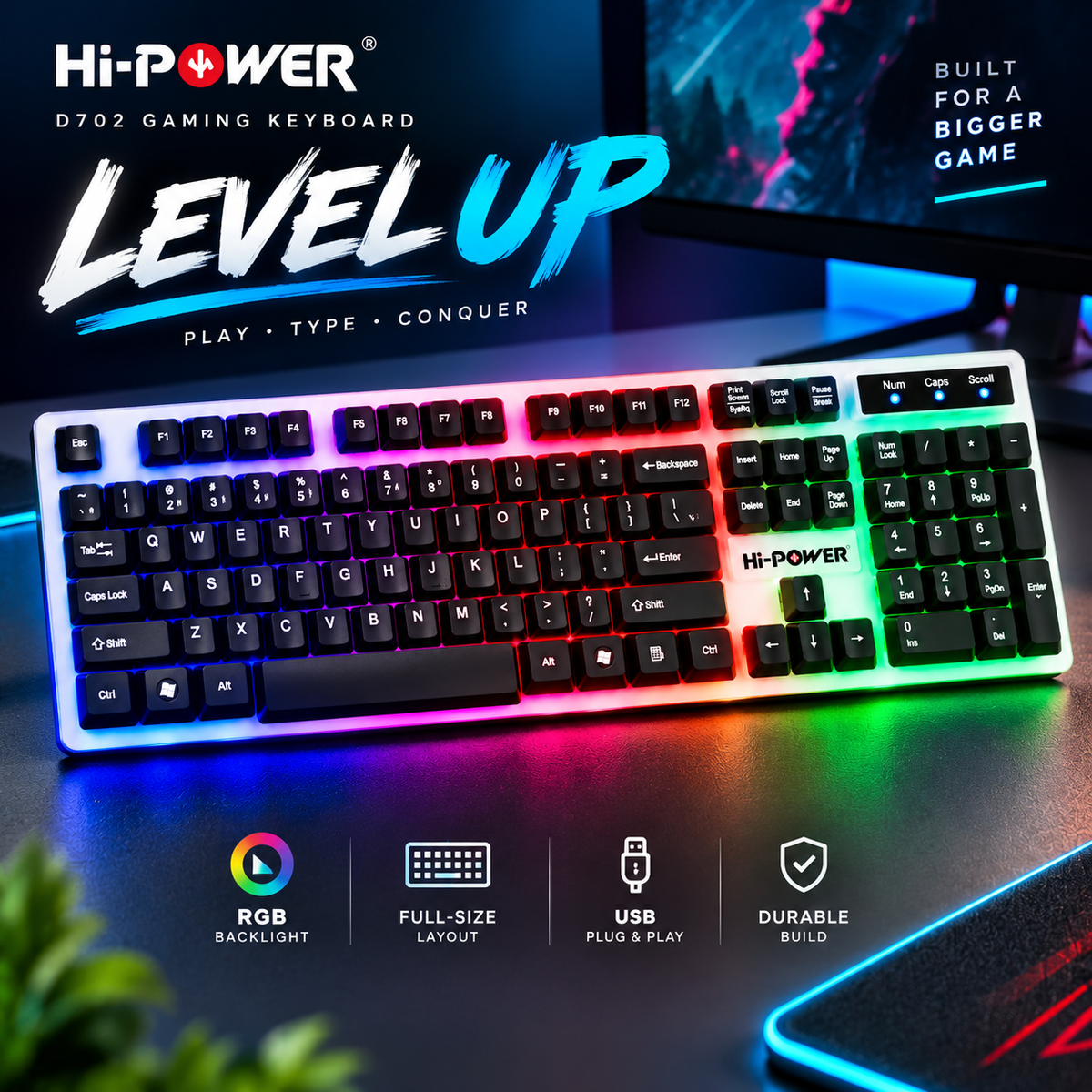 Hi-Power D702 RGB Gaming Keyboard with Bangla Layout – Full-Size 104-Key QWERTY Standard USB Wired Keyboard, Dual-Tone Black & White Keycaps, Multi-Color Backlighting & Plug-and-Play