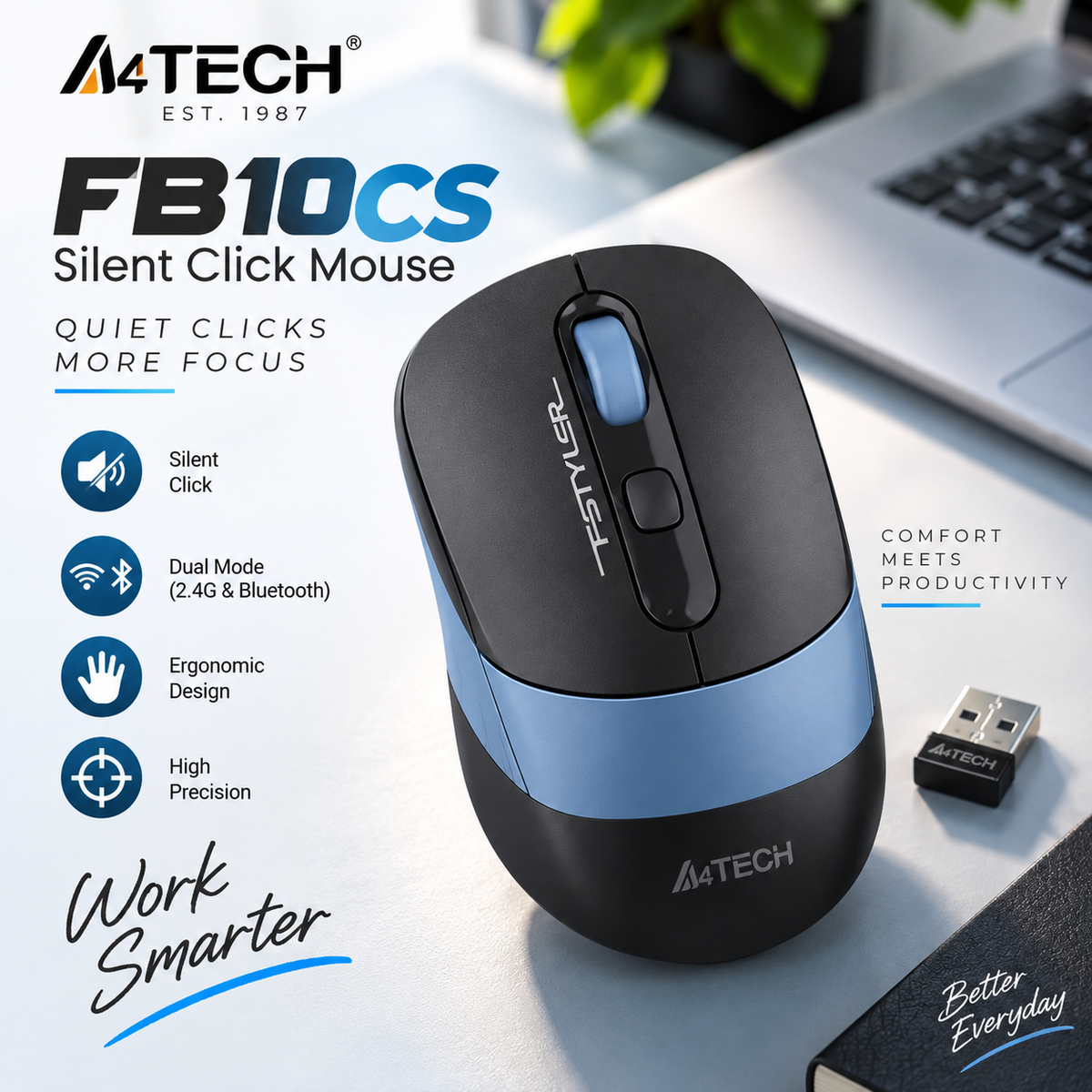 A4Tech FB10CS Silent Click Dual-Mode Wireless Mouse – Bluetooth & 2.4GHz, Multi-Device Pairing, Rubber Side Grips, Up to 2000 DPI & Long Battery Life