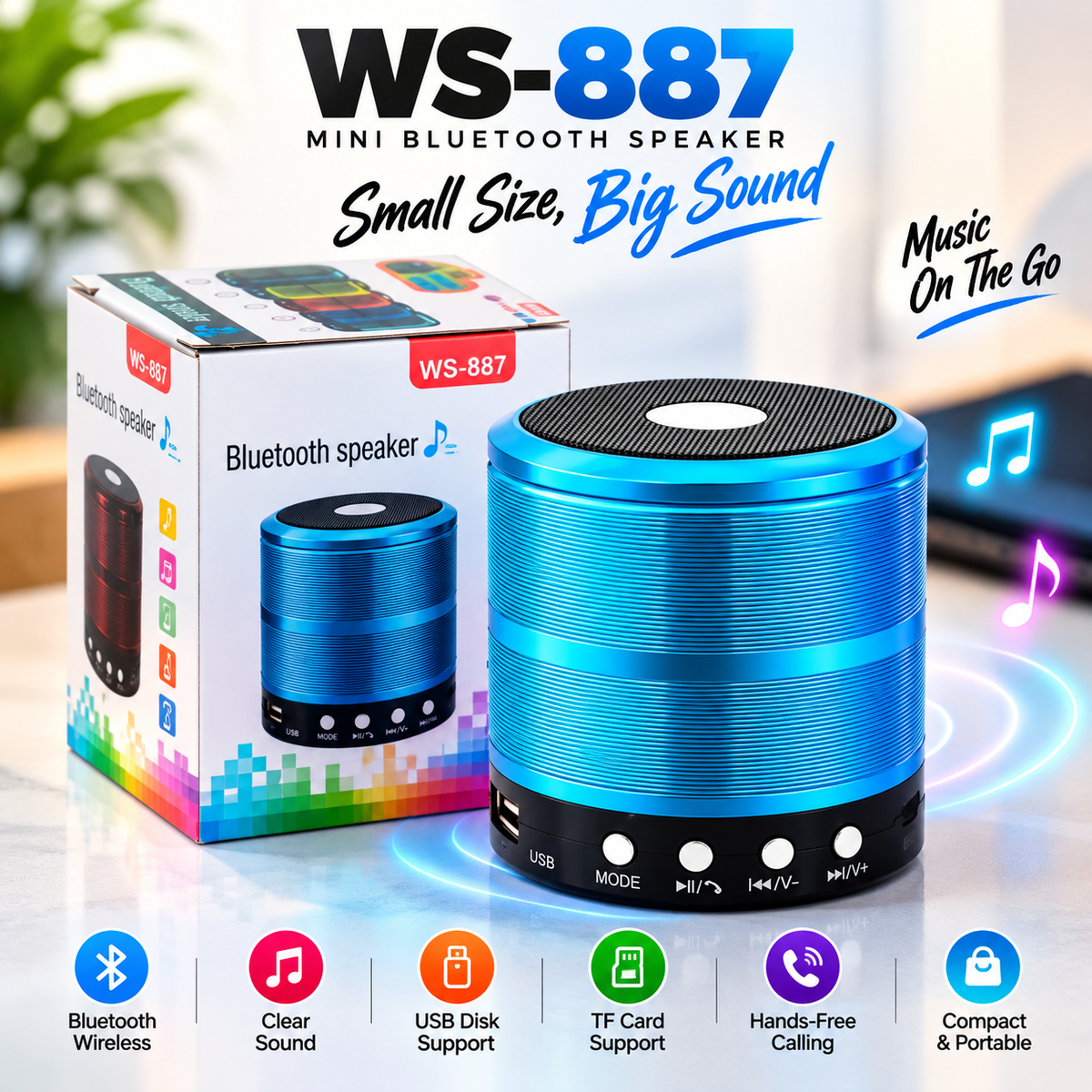 WS-887 Portable Wireless Mini Bluetooth Speaker – 5W Sound with Built-In Mic, FM Radio, TF Card, USB & 1200mAh Battery