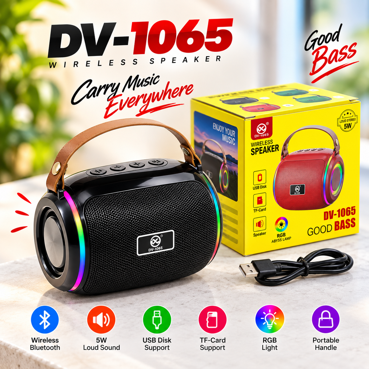 DV-1065 Portable Mini Drum Kit Wireless Bluetooth Speaker – 5W Loud Stereo Sound, RGB Abyss Lamp Lighting, Leather Handle, USB & TF Card Support