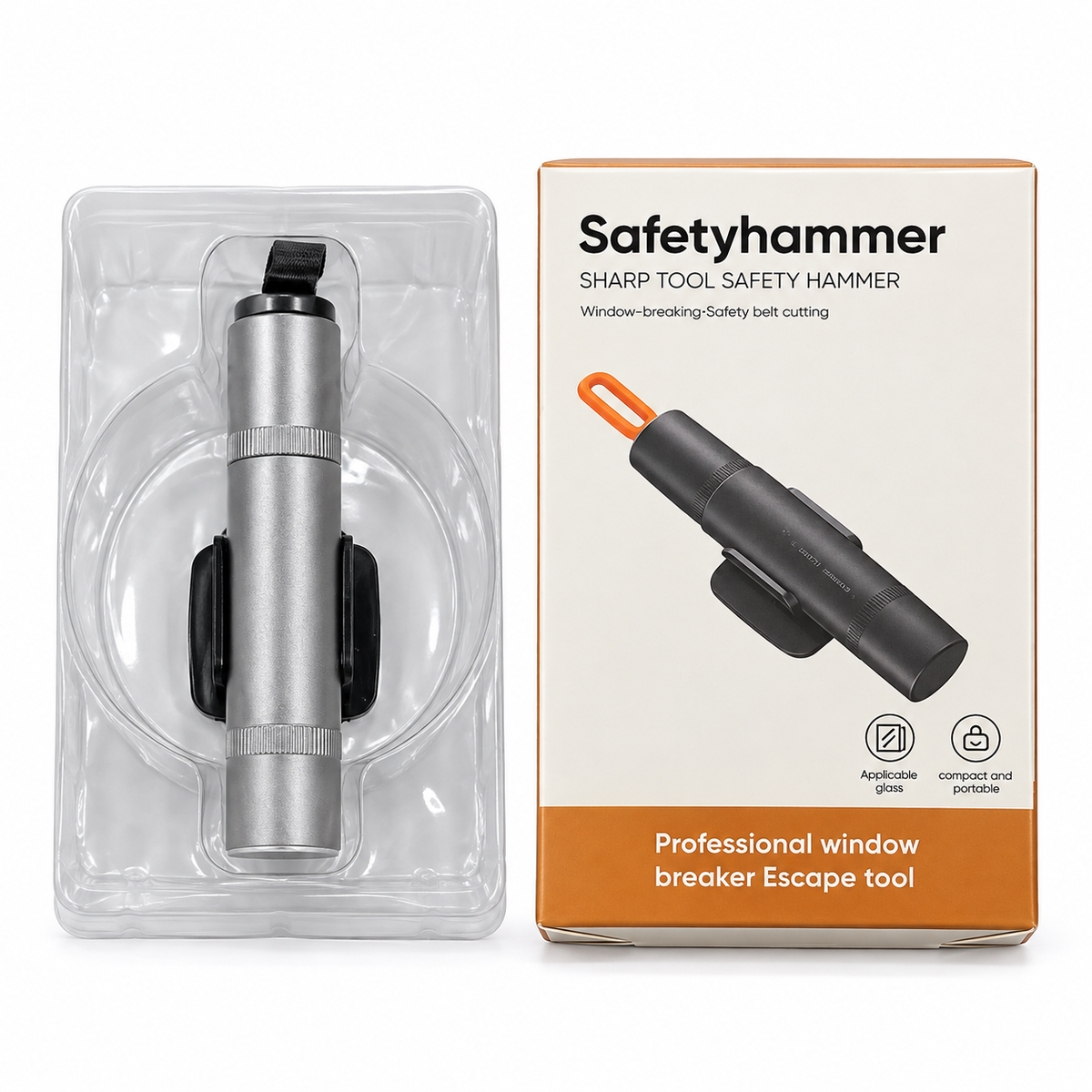 2-in-1 Car Emergency Safety Hammer – Spring-Loaded Tungsten Steel Window Glass Breaker & Concealed Seat Belt Cutter with 3M Mountable Base