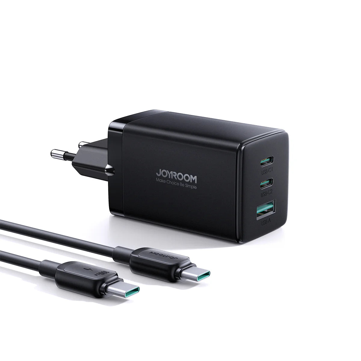 Joyroom JR-TCG01 GaN Ultra 65W Fast Charger – 2C1A Tri-Port Wall Adapter with PD3.1/PPS Support, Fireproof PC Shell & Free 100W Type-C Cable