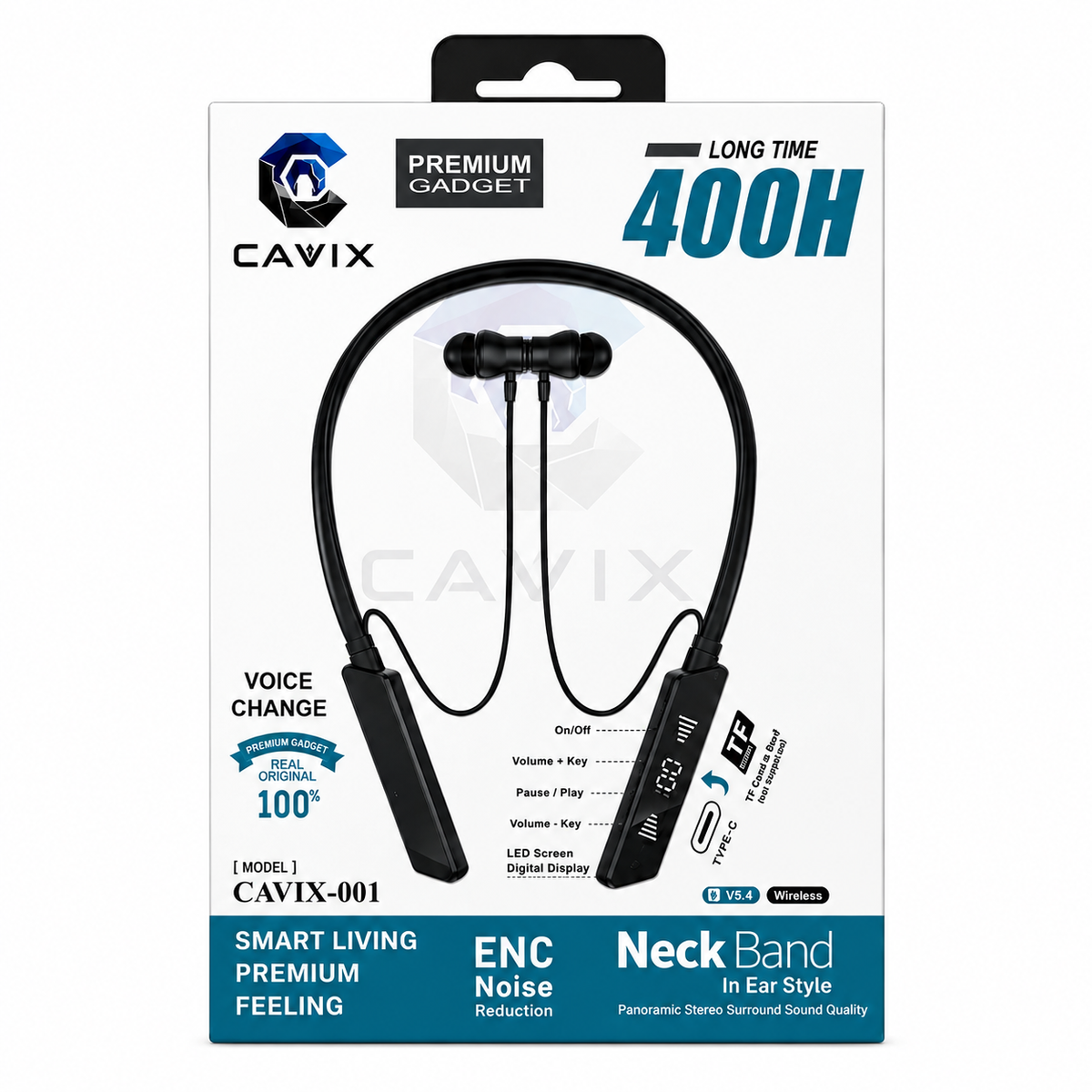 Cavix-001 Wireless Neckband Earphone – Bluetooth V5.4 In-Ear Headset with 400H Long Battery Life, ENC Noise Reduction, LED Digital Display & Voice Change Feature