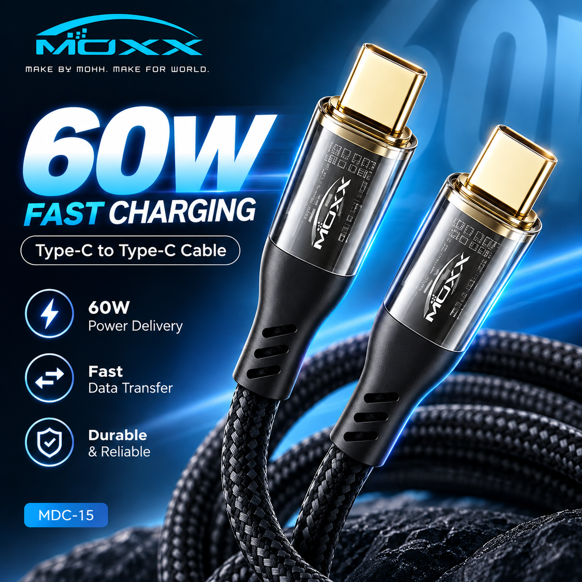 MOXX MDC-15 Type-C to Type-C 60W Fast Charging Cable – High-Speed Power Delivery (PD) & Data Sync Cable for Smartphones, Tablets & Laptops