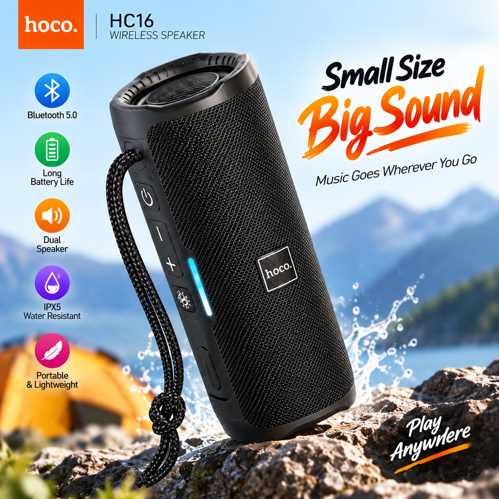 Hoco HC16 True Wireless Portable Bluetooth Speaker – 10W Stereo Sound, RGB Breathing Light, 1200mAh Battery, TF/USB/AUX Support & IPX4 Water-Resistant