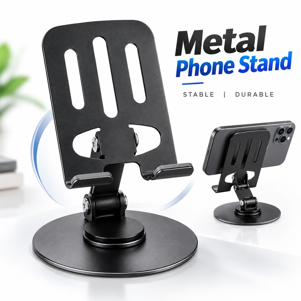 360° Rotatable Desktop Phone & Tablet Holder Stand – Foldable Aluminum Alloy Adjustable Mount with Anti-Slip Rubber Base for 4.7" to 13" Devices