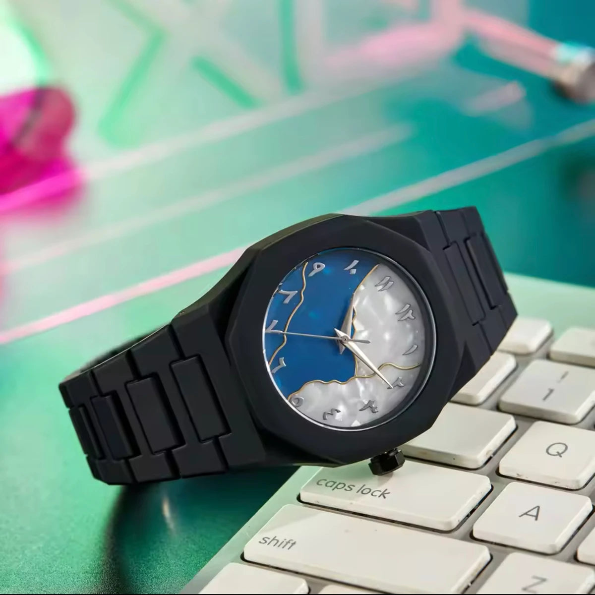Aura watch 2025 New Arabic Aura Watch Silver  Dial @ navy bule Modern Creative Design  (Blue )