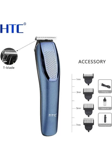 HTC AT-1210 Rechargeable Cordless Beard & Hair Trimmer (Blue) – Dual Battery Support, 4 Clipper Attachments & 45-Min Runtime Grooming Kit