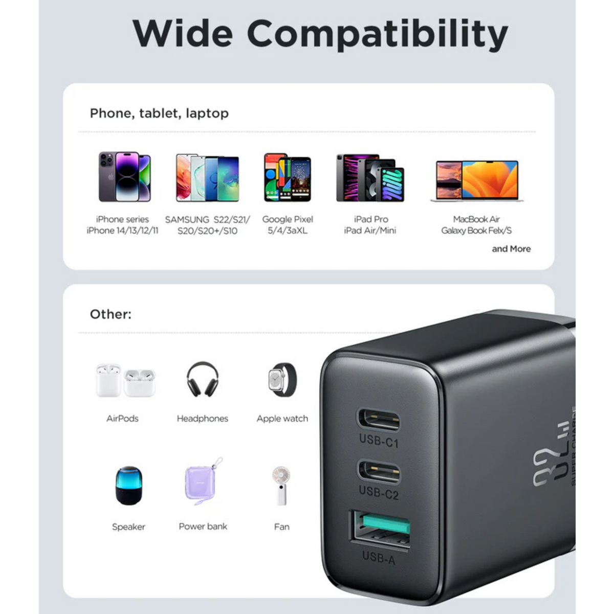 Joyroom JR-TCF10 32W Fast Charger – 2C1A Tri-Port Wall Adapter with Smart Charging Technology, Multi-Layer Safety Protection & Compact Design (Black)