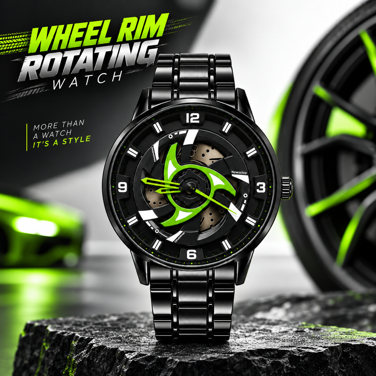 360° Rotating Car Wheel Rim Quartz Watch – Matte Black Metal Sports Wristwatch, 3D Alloy Rim & Brake Disc Dial, Stainless Steel Strap & Scratch-Resistant Glass for Men