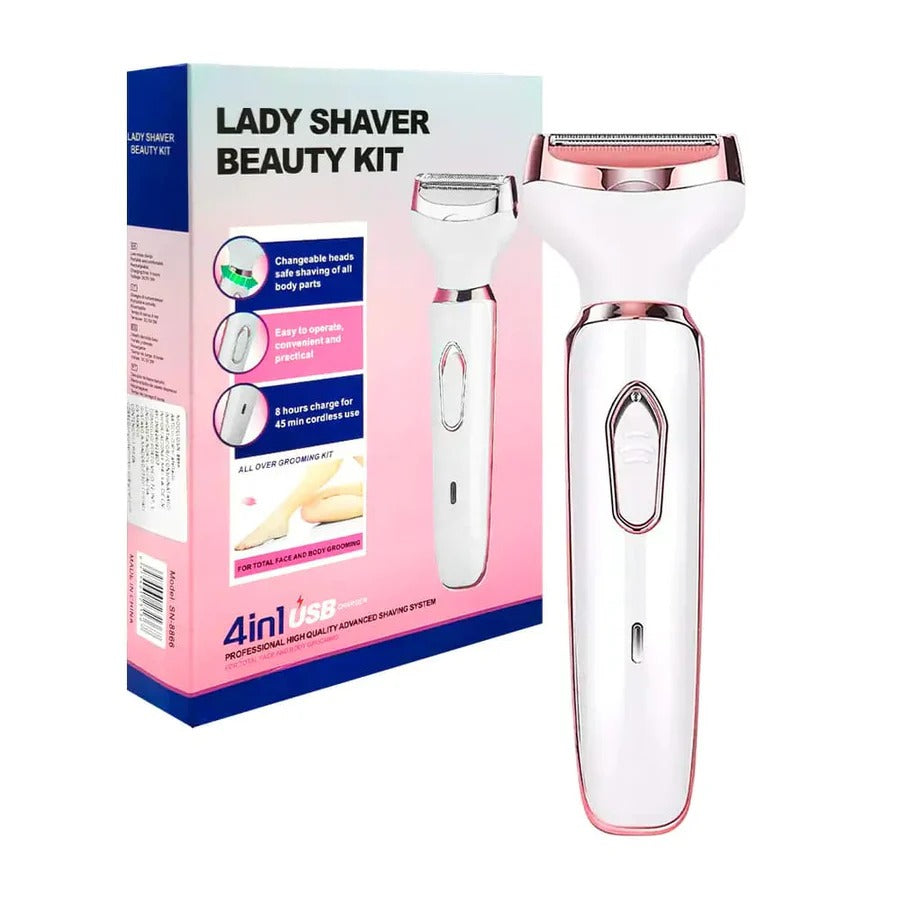 4-in-1 Rechargeable Lady Shaver & Hair Removal Beauty Kit – Painless Electric Razor, Eyebrow, Nose & Body Hair Trimmer with USB Charging & Portable Rose Gold Design