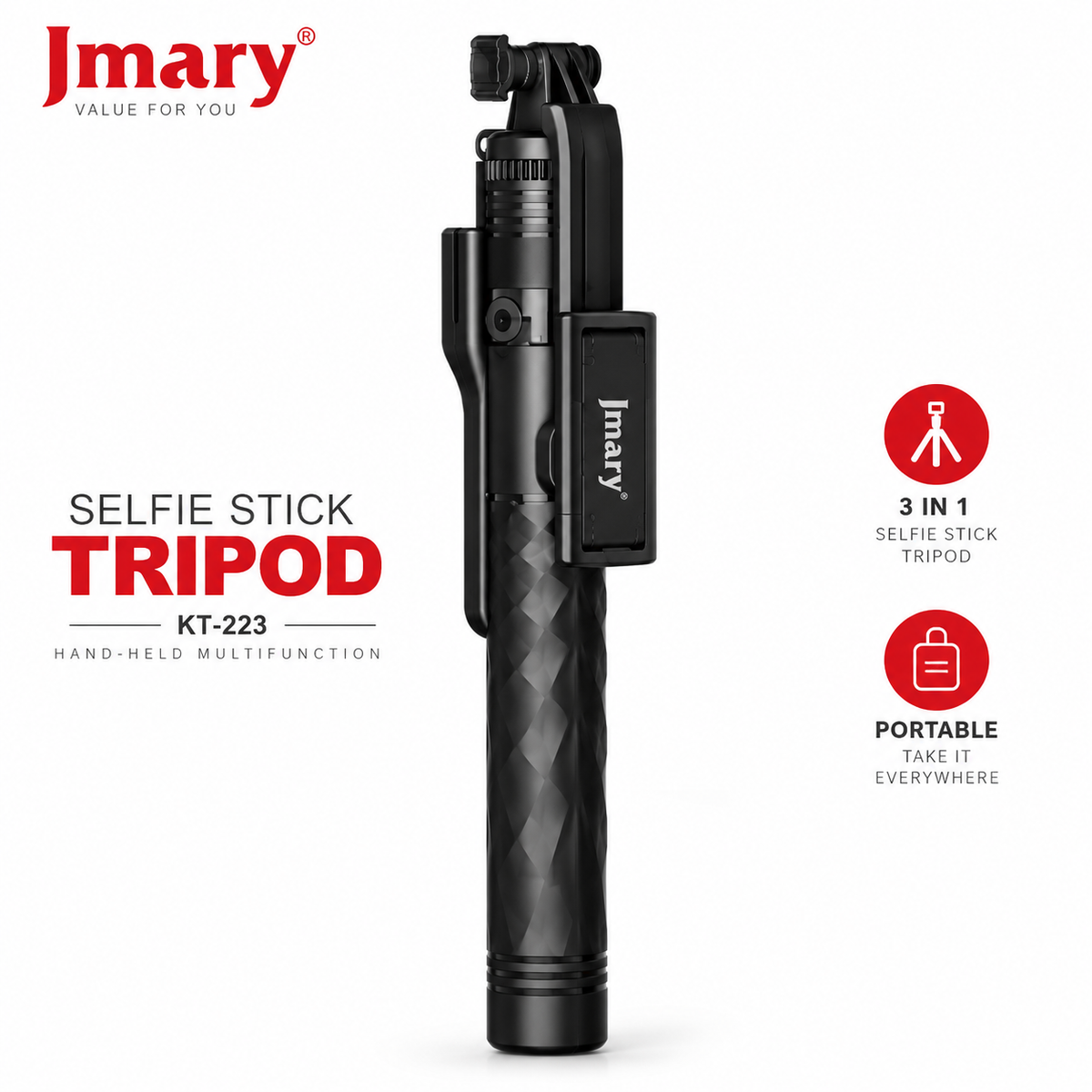 JMARY KT-239 1.75M Handheld Selfie Stick & Tripod Stand 2-in-1 – Extendable Vlogging Monopod with Universal Compatibility for Smartphones & Cameras