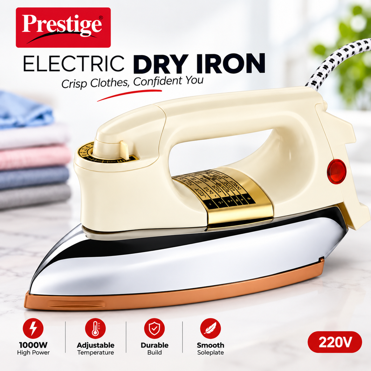 Prestige Heavy Body Dry Iron 1000W – Fast Heating Non-Stick Soleplate Press for Smooth, Wrinkle-Free & Effortless Daily Clothing Ironing
