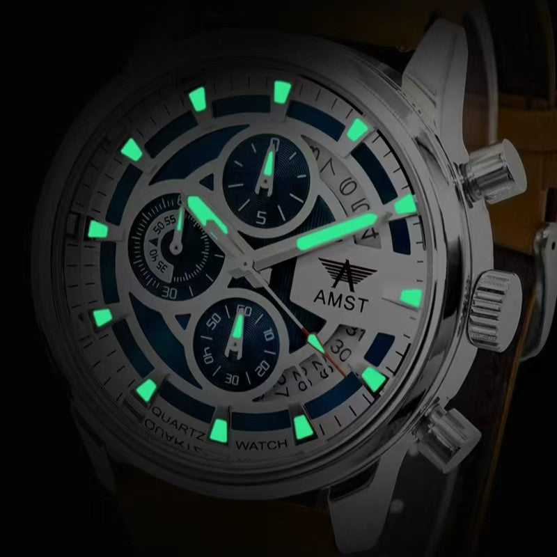 AMST 3068 Stylish Men's Luxury Chronograph Watch – White & Blue Dial, Silver Stainless Steel Case, Premium Tan Leather Strap, Date Display & Quartz Movement Sport Wristwatch