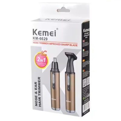 Kemei KM-6629 2-in-1 Rechargeable Nose and Beard Hair Trimmer – Painless Stainless Steel Blade, Compact Portable Cordless Grooming Kit for Men