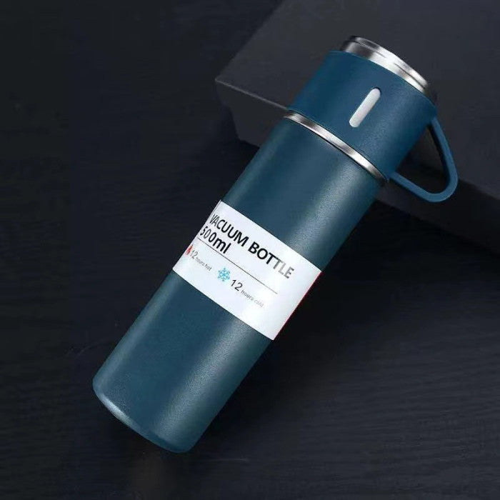 3-Piece Stainless Steel Vacuum Flask Set – 500ml Double-Wall Insulated Thermos Bottle with Cups for Hot & Cold Drinks, Travel & Gifting