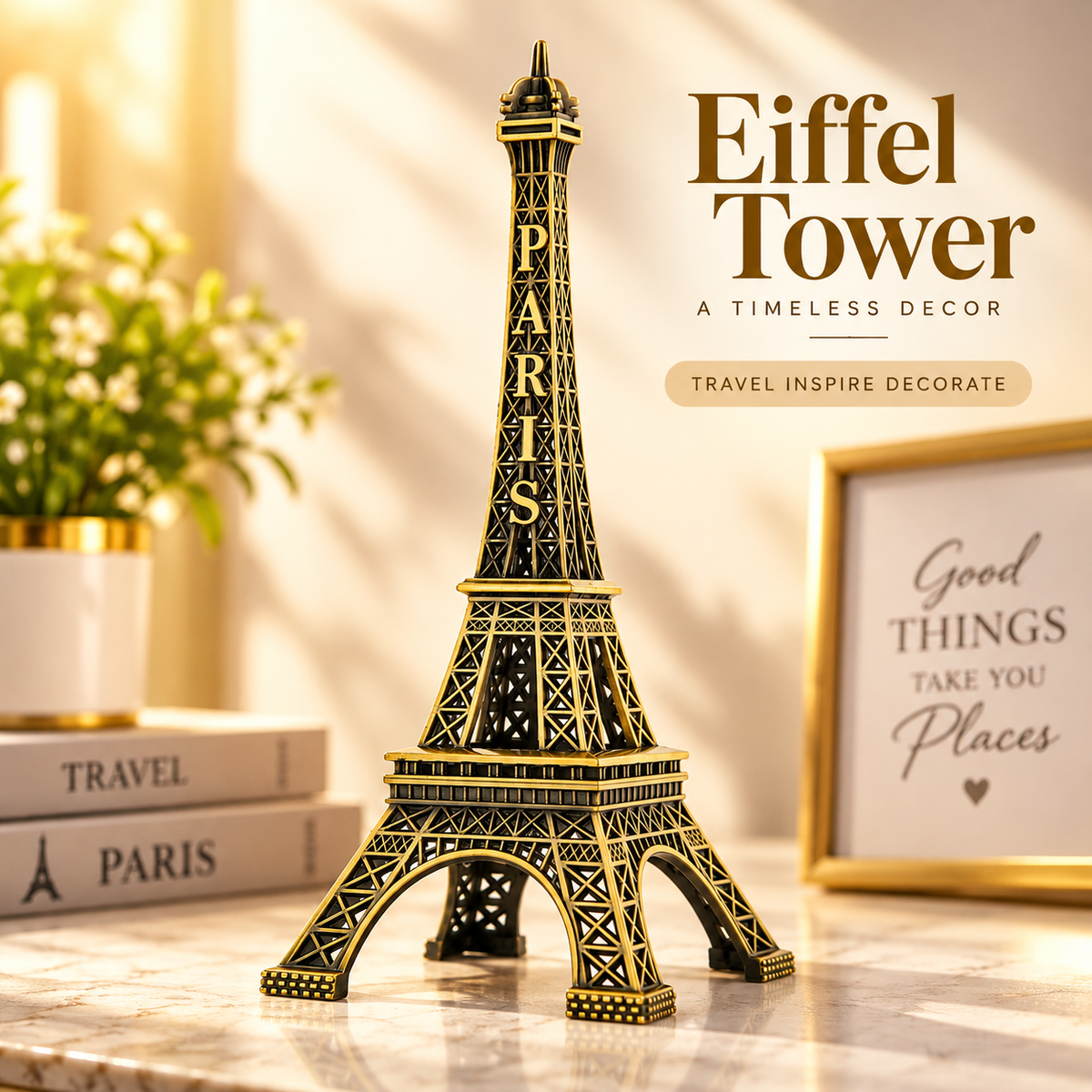 Classic Bronze Finish Metal Eiffel Tower Showpiece – 10-Inch Vintage Paris Landmark Statue, Elegant Home & Office Decor, Aesthetic Room Ornament & Content Creation Photography Prop