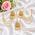 Exquisite Gold Plated Kundan & Pearl Earrings with Bahubali Ear Chains (Sahara) & Maang Tikka Set