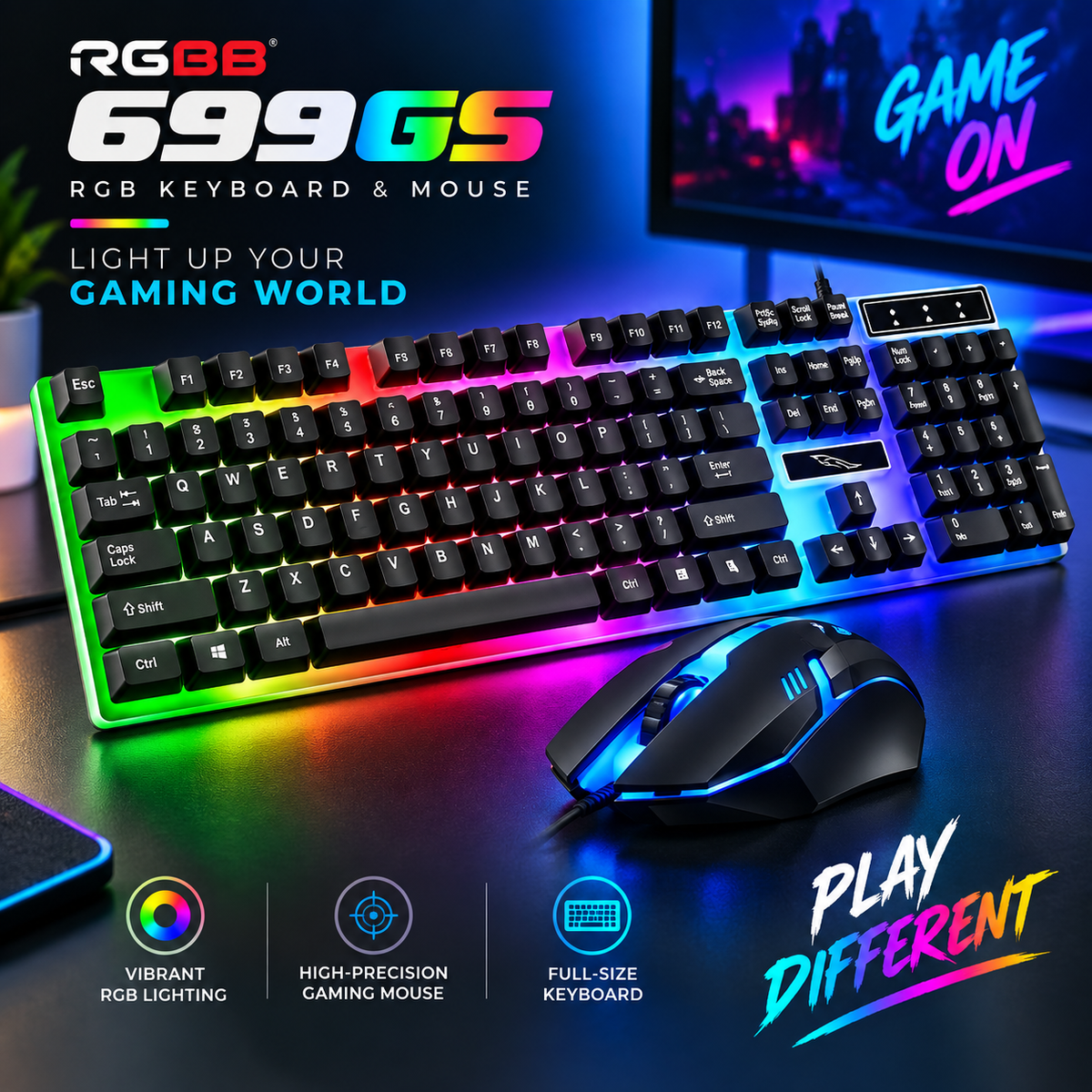 RGBB 699GS RGB USB Wired Gaming Keyboard and Mouse Combo – Standard Multifunctional Keyboard with Vibrant RGB Backlighting, Fashion Design & Laptop Compatibility