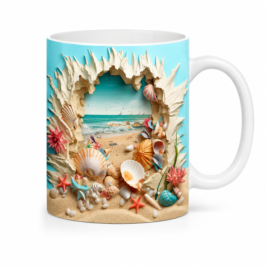 Beach Shell Mug – Premium Ceramic Coffee Mug with Wraparound Ocean Shore Design, Microwave & Dishwasher Safe