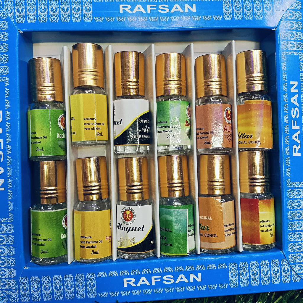 12 pieces halal attar/12 pcs Attar Combo Pack/perfume Ator /Ayna Ator-(3ml each bottle) (MAGNET,KACHA BELI,SHAHI DARBAR,BOKUL FUL,ROJONI GANDHA,GULE LALA