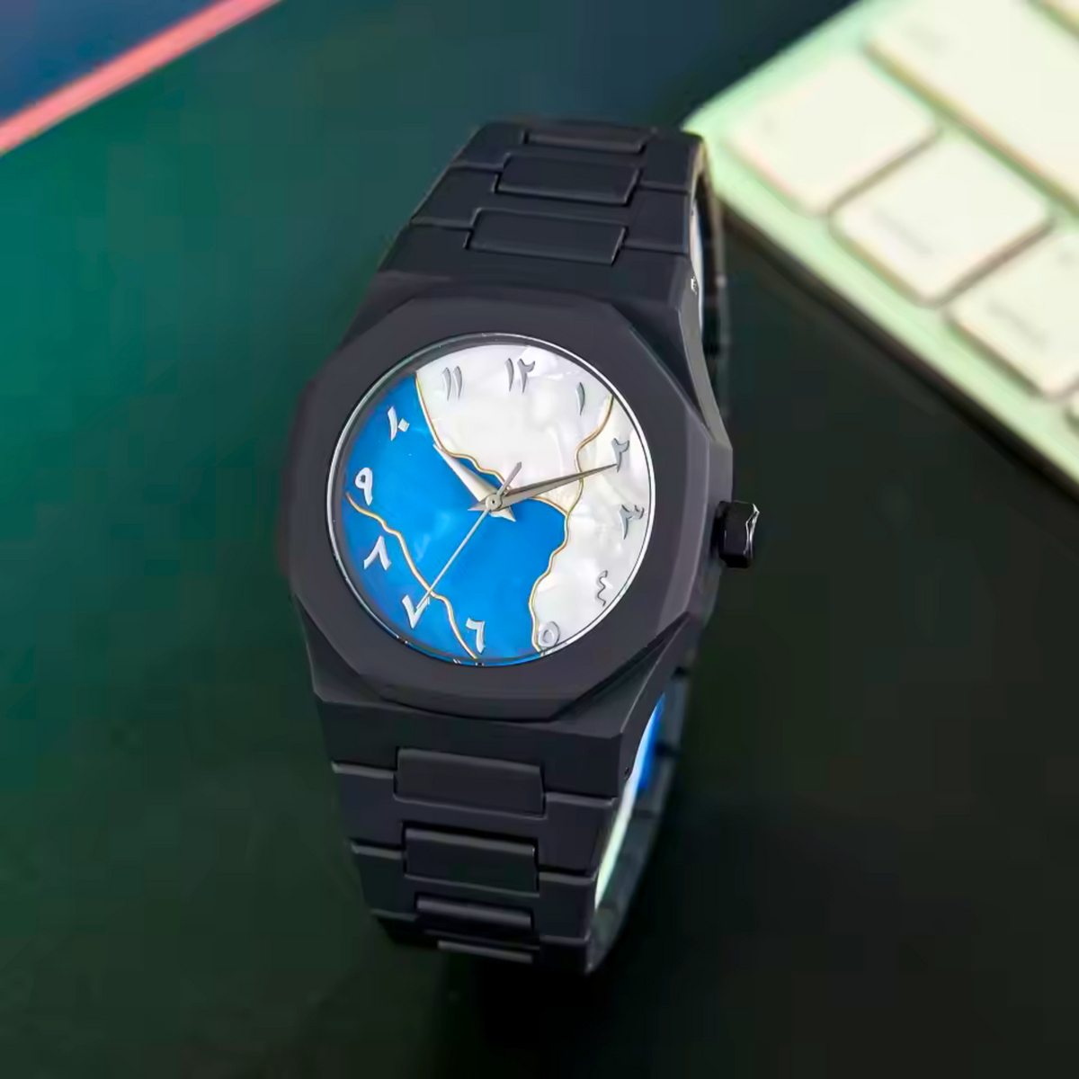 Aura watch 2025 New Arabic Aura Watch Silver  Dial @ navy bule Modern Creative Design  (Blue )
