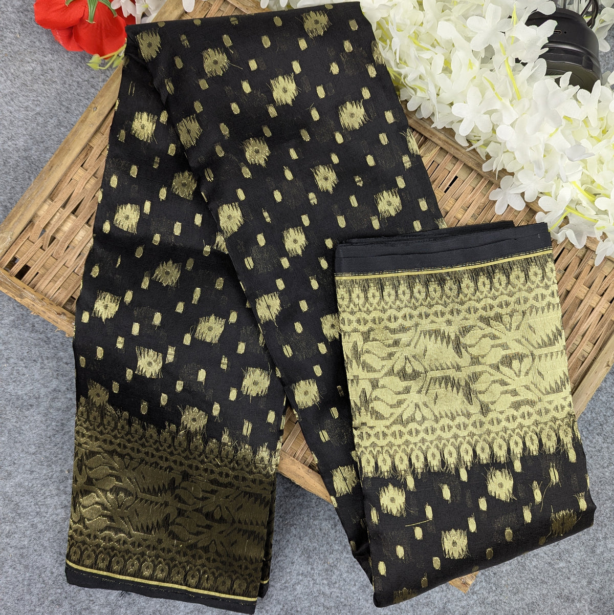 Half Silk Jamdani Saree (Black, Green, Pink,  Lavender, Maroon )