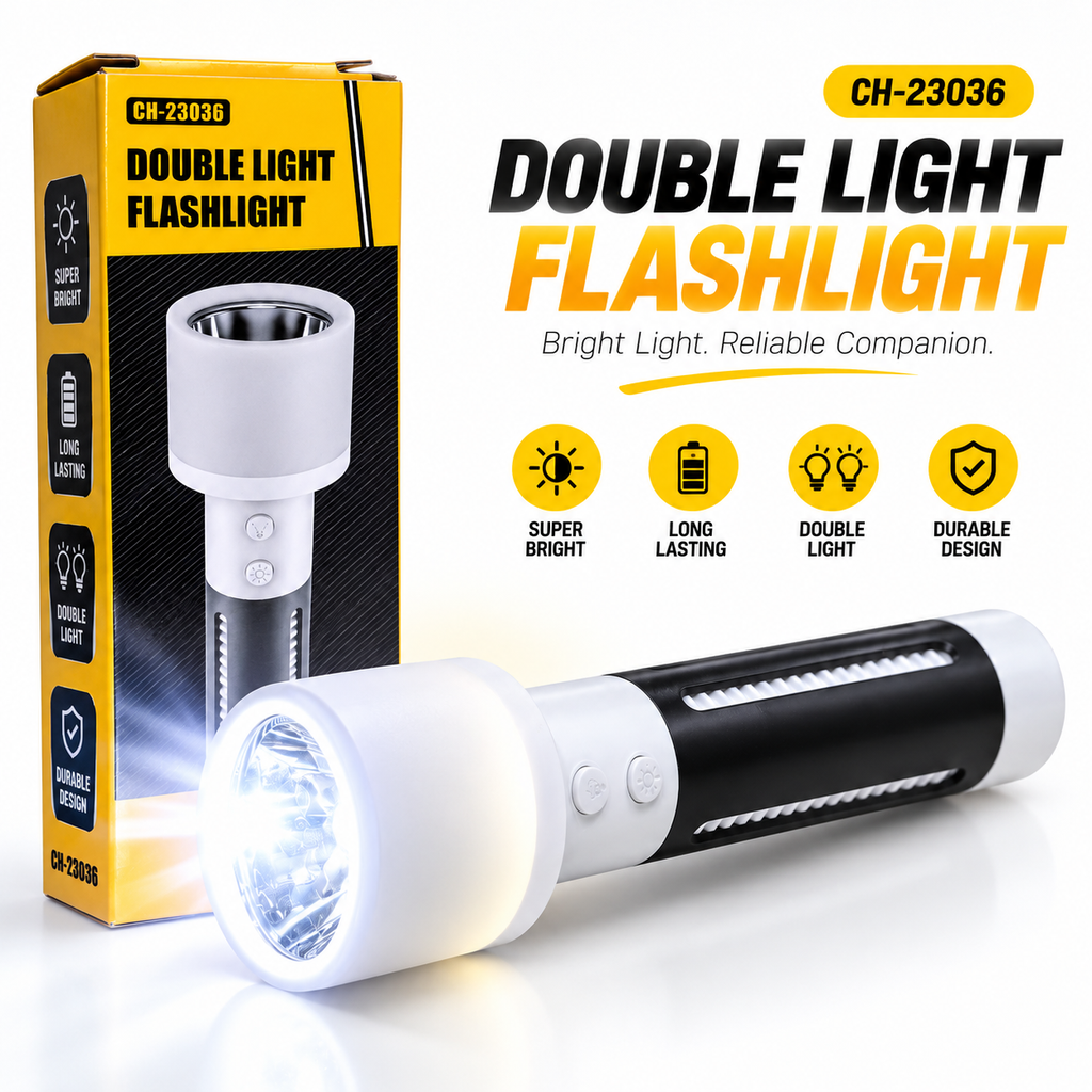 2-in-1 Rechargeable Double Light Torch & Reading Table Lamp – Multifunctional LED Flashlight & Camping Lantern with Dual Button Control & USB Charging