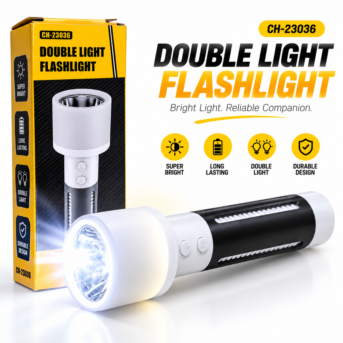 2-in-1 Rechargeable Double Light Torch & Reading Table Lamp – Multifunctional LED Flashlight & Camping Lantern with Dual Button Control & USB Charging