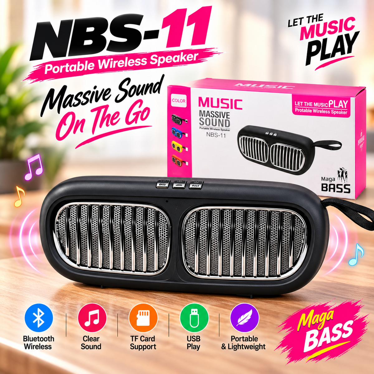 NBS-11 Portable Wireless Mini Bluetooth Speaker – 5W High Bass & Clear Sound, FM Radio, TF Card, USB, Built-In Mic & 1200mAh Battery
