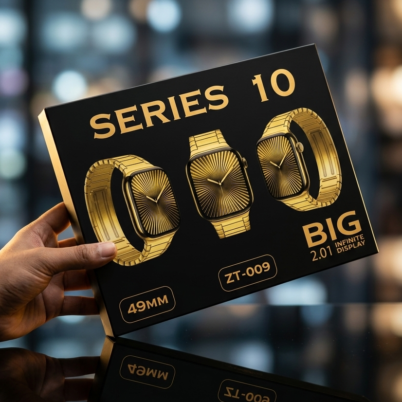 ZT-009 Series 10 Golden Edition Smartwatch (7-in-1 Combo) – 49mm Bold Case, 2.01" Infinite Display, Bluetooth Calling, 7 Interchangeable Straps (Metal Chain & Silicon) & Wireless Charging