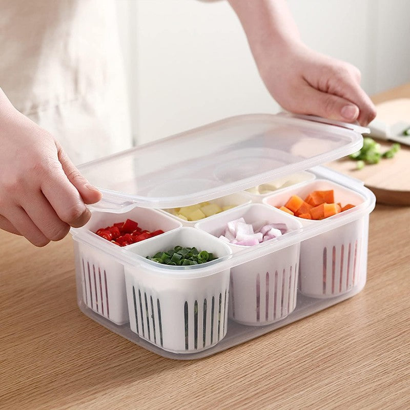 6-Grid Fridge Storage Box – Multi-Compartment Plastic Food Organizer & Spice Container for Refrigerator Kitchen Storage