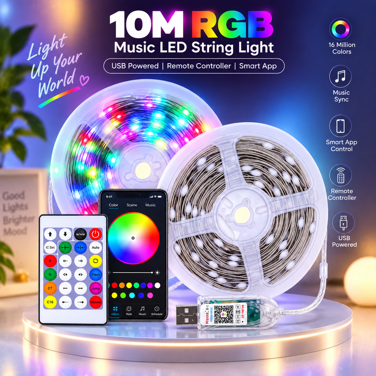 10M RGB Music LED Fairy String Light – USB Powered Flexible Color-Changing Copper Wire Light with Remote Control & Smart Bluetooth App Connectivity