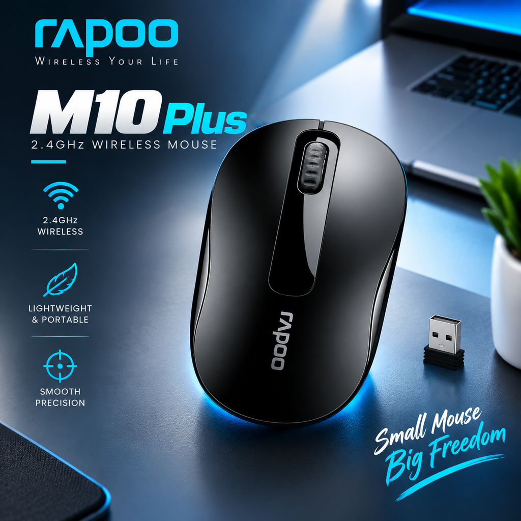 RAPOO M10 Plus 2.4GHz Wireless Optical Mouse – 1000 DPI Tracking, Ambidextrous Ergonomic Design, Nano USB Receiver & Up to 12-Month Battery Life