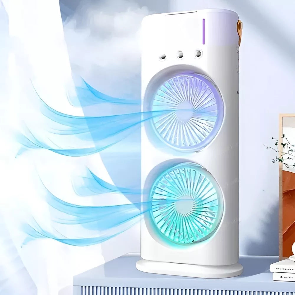 FADIUMS Rechargeable Portable Double-Ended Spray Fan with Humidifier – 600ml Water Tank, 3-Speed Cooling Fan, Built-in Multi-Color LED & USB Type-C Desktop Fan