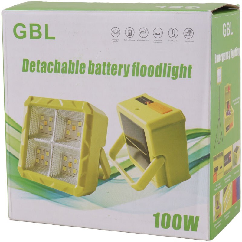 GBL Detachable Battery Solar Floodlight – 100W Super Bright Portable Outdoor LED Work Light with Built-in Power Bank, Weatherproof Design & Camping Emergency Light