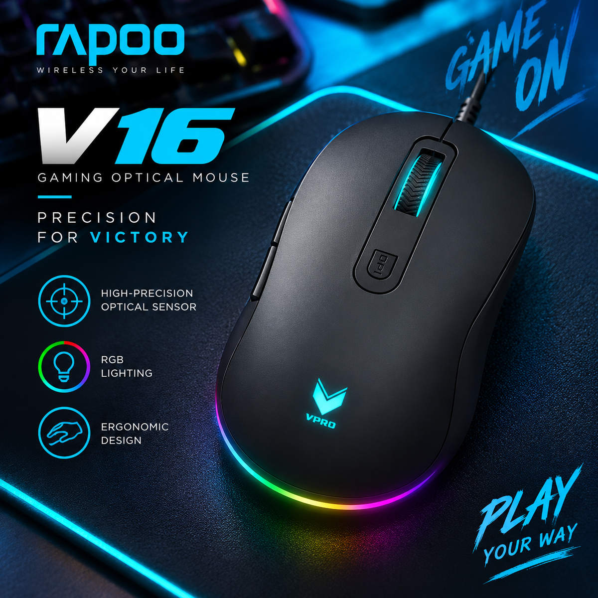 Rapoo V16 RGB Gaming Optical Mouse (Black) – 12,800 DPI Adjustable Sensor, 5 Programmable Buttons, Onboard Memory, Dynamic RGB Lighting & 2-Year Warranty