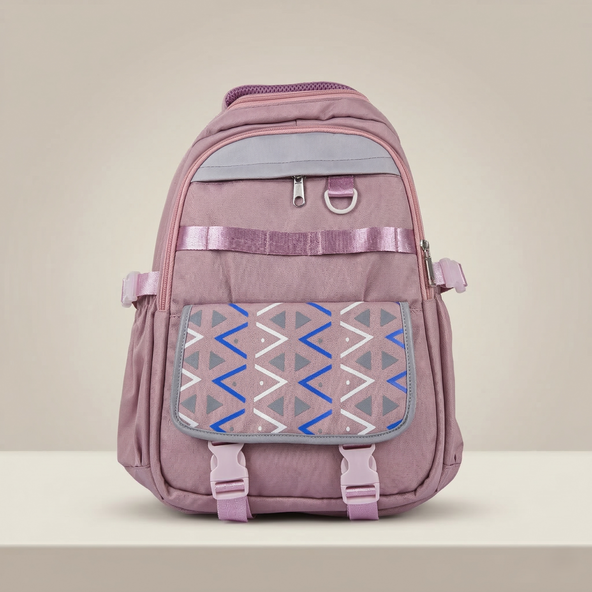 Multi-Pocket Casual Backpack with Geometric Flap