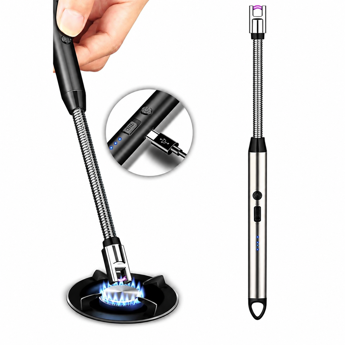 Electric Arc BBQ Lighter – USB Rechargeable Windproof Flexible Long Neck Plasma Lighter for Kitchen Stove, Candles & Outdoor Camping