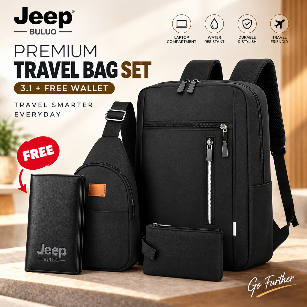 Premium Travel Bag Set 3.1 (3-in-1 Combo) – Multifunctional Large Backpack, Sling Bag & Pouch with FREE Jeep Wallet, Durable Design for Office, Travel, College & Casual Use