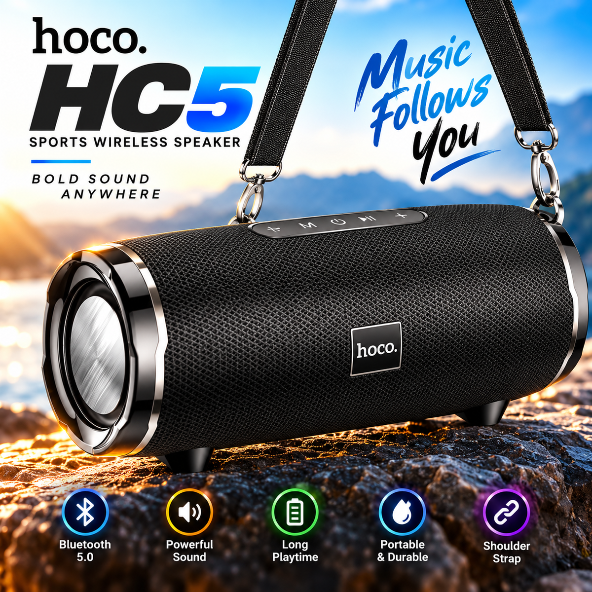 HOCO HC5 Sports Wireless Speaker – 30W Dual Drivers, Bluetooth 5.0, Water, Dust & Shock Resistant, Long Battery Life & Portable Outdoor Speaker