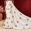 Pristine Off-White Organza Saree with Golden Zari Floral Embroidery