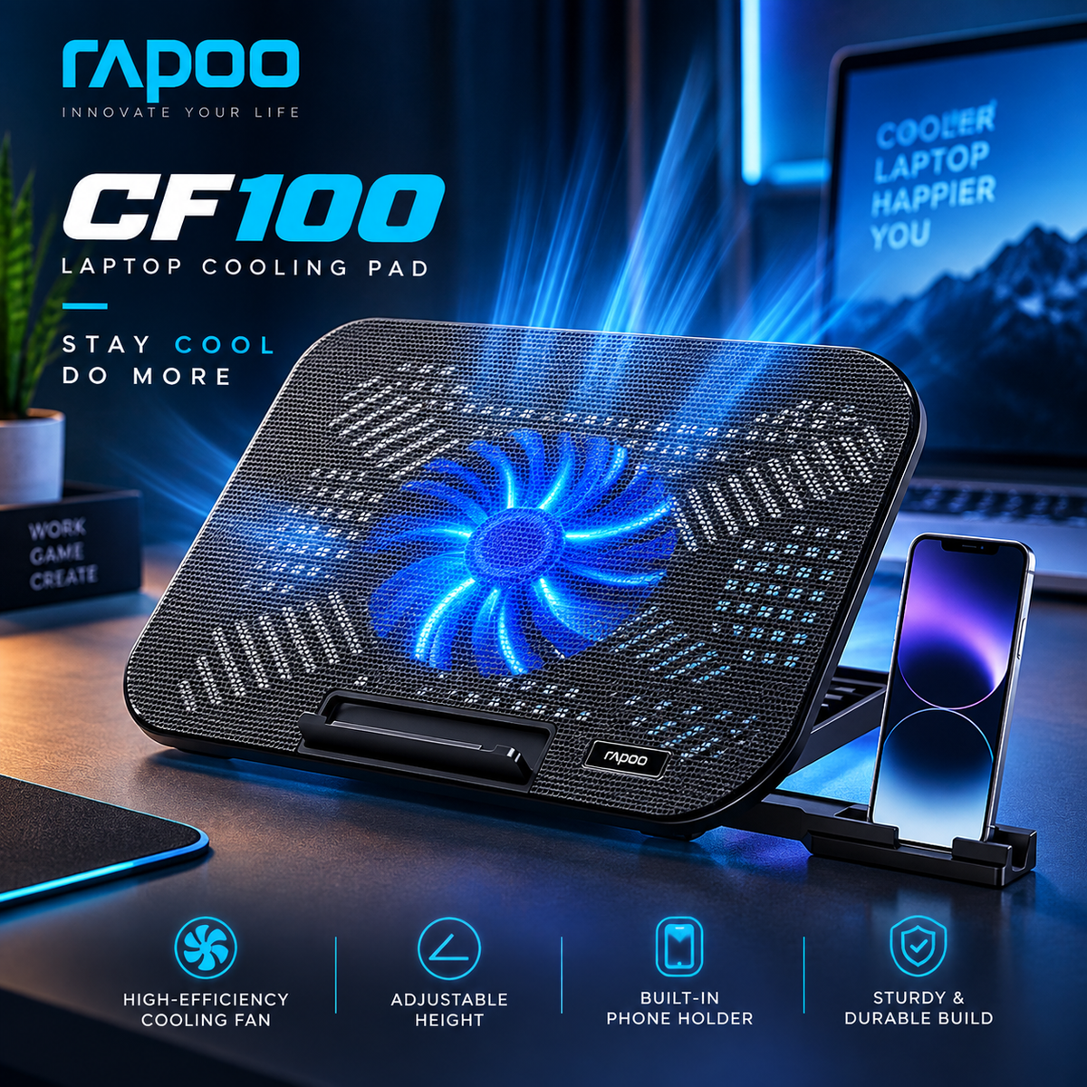 Rapoo CF100 High-Efficiency Laptop Cooling Pad (Black) – Powerful Airflow, 6 Adjustable Ergonomic Angles, Wide Compatibility & Durable Build for Gaming & Office Laptops
