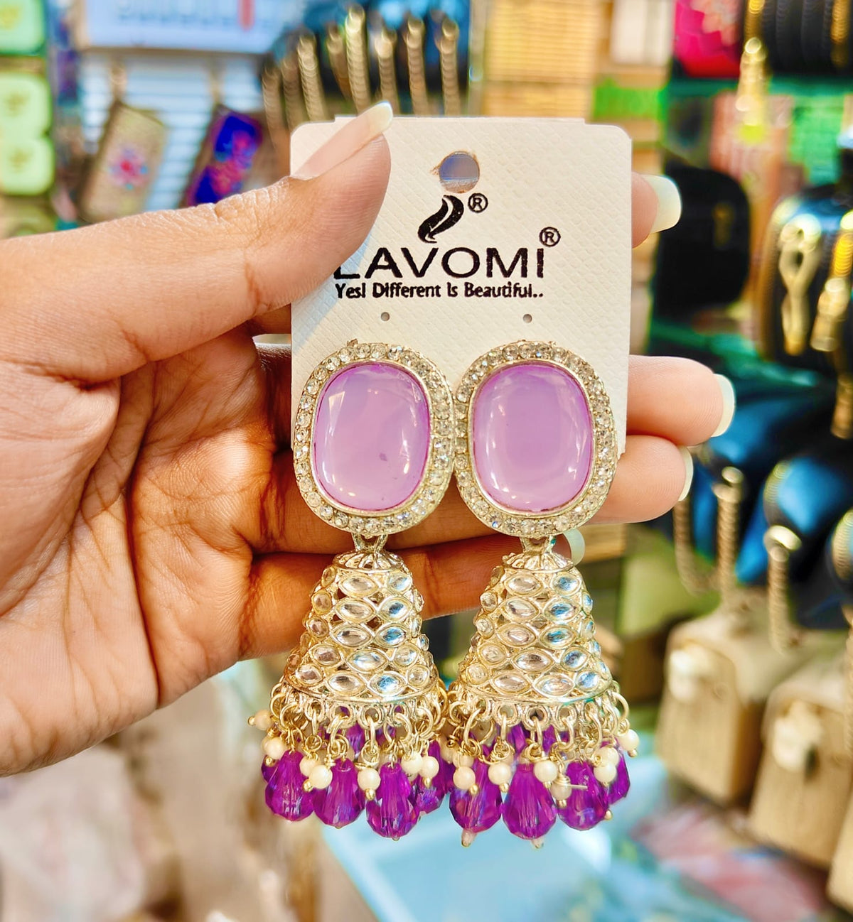 Premium Lavender & Purple Stone Kundan Jhumka Earrings (Lavender & Purple Kundan Jhumka Earrings)
