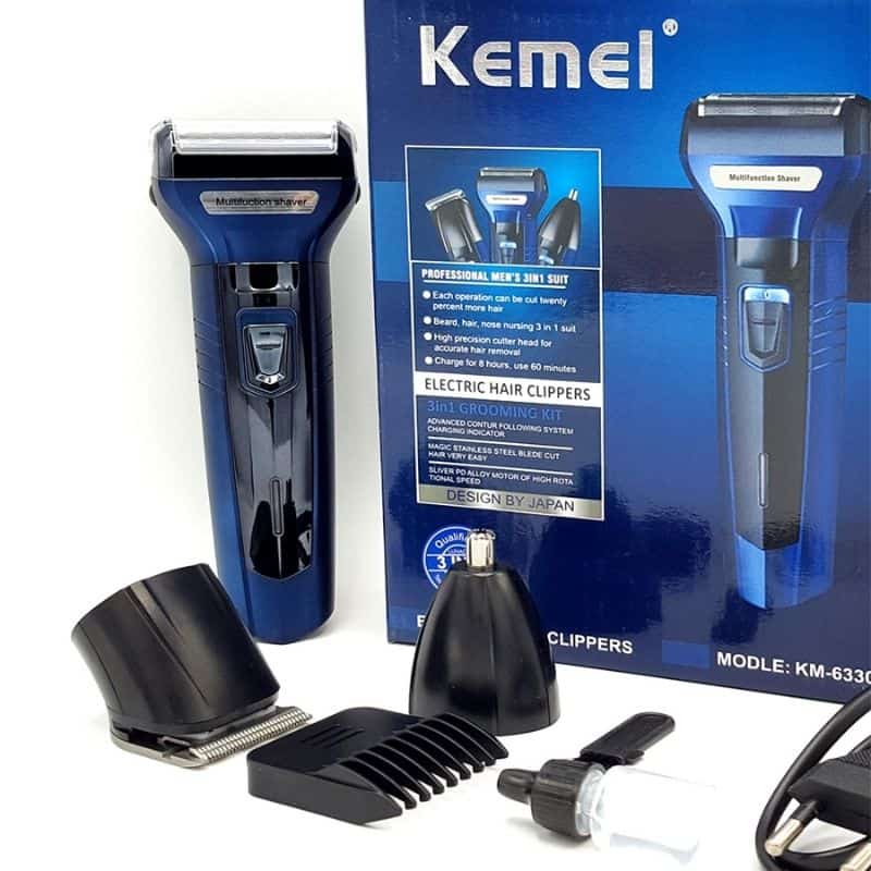Kemei KM-6330 3-in-1 Rechargeable Hair Trimmer, Electric Shaver & Nose Clipper Grooming Kit – Universal Voltage, 60-Min Runtime & 4 Guide Combs